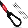 A close-up shot of a black bungee cord with a red tag and a carabiner clip, with three smaller black cords with clips in the background. Produktbild-Vorschau