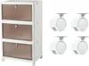 A white plastic storage cabinet with three drawers and four wheels, shown next to four separate wheels. Anteprima dell’immagine prodotto