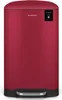 A red pedal trash can with a black base and a small black label on the top right. Voir les images du produit