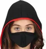 Close-up of a child wearing a black hooded costume with red trim and a black face mask. Produktbild-Vorschau