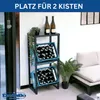 A metal shelving unit holding two blue crates filled with wine bottles, with two wine bottles on the top shelf, and plants and a sofa in the background. Anteprima dell’immagine prodotto