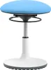 A studio shot of a blue and white adjustable stool.