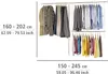 A size chart showing dimensions for a wardrobe system, with images of clothes hanging on the racks. Produktbild-Vorschau