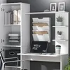 A modern white desk setup with a laptop, storage shelves, and office supplies. Produktbild-Vorschau