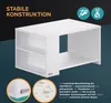 A white coffee table with storage shelves, presented with marketing text and icons highlighting its features. Produktbild-Vorschau