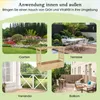 A collage of four images showing different outdoor settings where a wooden planter box with a trellis could be used, along with a central image of the planter box itself. Náhled obrázku produktu