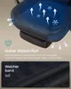 Close-up of a dark blue gaming chair with graphics indicating airflow and comfort, and a swatch of dark velvet fabric. Produktbild-Vorschau