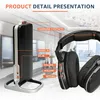 A product detail presentation of wireless TV headphones and their charging station, with labels pointing out features. Voir les images du produit