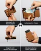 A collage of four images demonstrating the features of a brown leather cardholder. Produktbild-Vorschau