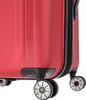 Close-up of the bottom part of a red suitcase, showing its wheels and zipper. Produktbild-Vorschau