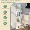 A white corner bookshelf displaying various items, with a side panel showing icons and text related to storage. Podgląd zdjęcia produktu