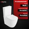 A white toilet is shown against a black background, with a red overlay on the right side containing product details. Produktbild-Vorschau