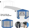Diagram showing the setup steps for a blue hexagonal gazebo with mosquito netting. Produktbild-Vorschau