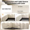 Diagrams illustrating how fiber direction and light source affect the appearance of a beige upholstered bed frame. Voir les images du produit