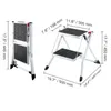 A diagram showing the dimensions of a two-step folding stepladder, with one view of the ladder folded and another view of the ladder unfolded. Podgląd zdjęcia produktu