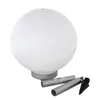 A white spherical garden light with a gray base, shown with two silver tubes and a black stake. Produktbild-Vorschau