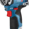 A close-up view of the handle and trigger mechanism of a blue and black cordless drill. Náhled obrázku produktu