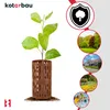 A young tree seedling in a protective sleeve, surrounded by circular images depicting various outdoor scenes and a shield icon. Produktbild-Vorschau