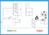 Technical drawings and a 3D rendering of a desk with shelving units, along with weight icons indicating load capacity. Produktbild-Vorschau