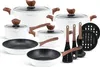 A set of white cookware with brown wooden handles and lids, along with kitchen utensils, displayed on a white background. Produktbild-Vorschau