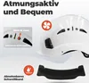 A white safety helmet with features highlighted by text and icons. Produktbild-Vorschau