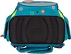 A teal backpack with floral patterns and yellow accents is shown from the back. Produktbild-Vorschau