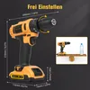 A cordless drill with dimensions and a small inset image showing it balanced on a wooden plank with a water bottle. Produktbild-Vorschau