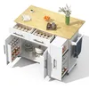 A white kitchen island with a wooden countertop, featuring drawers, cabinets, and storage for spices and cookware. Voir les images du produit