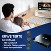 A father and daughter are watching TV, with a remote control and a Blu-ray player shown in the foreground. Produktbild-Vorschau