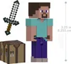 A Minecraft action figure set including Steve, a sword, and a crafting table, with a size indicator. Produktbild-Vorschau