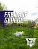 A black metal dog playpen is set up on a grassy lawn with several golden retriever puppies inside. The background shows trees and a cloudy sky. Produktbild-Vorschau