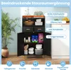 A black storage cabinet with multiple compartments, shown in a room setting with a plant and kitchen counter in the background. The image includes text callouts highlighting different parts of the cabinet. Anteprima dell’immagine prodotto