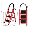 Two views of a red folding step stool with black accents, one open and one folded, with dimensions indicated by text and arrows. Produktbild-Vorschau