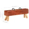 A vintage-style pommel horse bench with wooden legs and metal handles, shown with dimensions indicated by measurement lines and text. Voir les images du produit