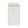 A white kitchen island with a wooden top and gold handles, shown against a white background. Produktbild-Vorschau