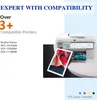 A printer is shown with a printed image coming out of it, alongside text about compatibility. Produktbild-Vorschau