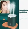 A woman is using a humidifier, and the humidifier is shown with text describing its features. Produktbild-Vorschau