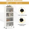 A white multi-tiered storage cabinet with clear doors is shown, with close-ups of its wheels and descriptive text. Anteprima dell’immagine prodotto