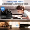 A split image showing a robotic vacuum cleaner with a dog on top in the upper half, and a golden retriever under a table with the robotic vacuum cleaner below in the lower half. A child is reading a book in the upper half. Voir les images du produit