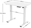A white adjustable standing desk with dimensions labeled. Produktbild-Vorschau