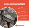 A close-up of dark gray sauna stones with text describing their features. Produktbild-Vorschau