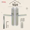 A product image showcasing door handles and their accessories against a light beige background with decorative elements. Produktbild-Vorschau