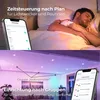 The image is a collage showing a man sleeping in bed with a smartphone displaying a schedule, and a living room with ceiling lights controlled by a smartphone. Produktbild-Vorschau