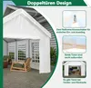 A white tent or carport with windows, set up outdoors on a patio with chairs inside. Produktbild-Vorschau