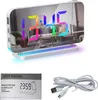 A digital alarm clock with a mirrored surface and RGB LED display, shown with its user manual and charging cable. Náhled obrázku produktu