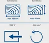 Diagrams illustrating the cutting width and height specifications of a saw, along with its power and speed. Produktbild-Vorschau
