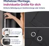 A collage of images showing a person measuring a curtain, close-ups of curtain fabric, and grommets. Produktbild-Vorschau