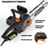 A close-up, angled view of an electric chainsaw with various features highlighted by text annotations. Produktbild-Vorschau