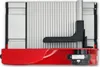 A close-up, top-down view of a red and silver food slicer. Produktbild-Vorschau