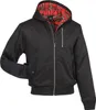 A black hooded jacket with a red plaid lining is shown against a white background. Produktbild-Vorschau